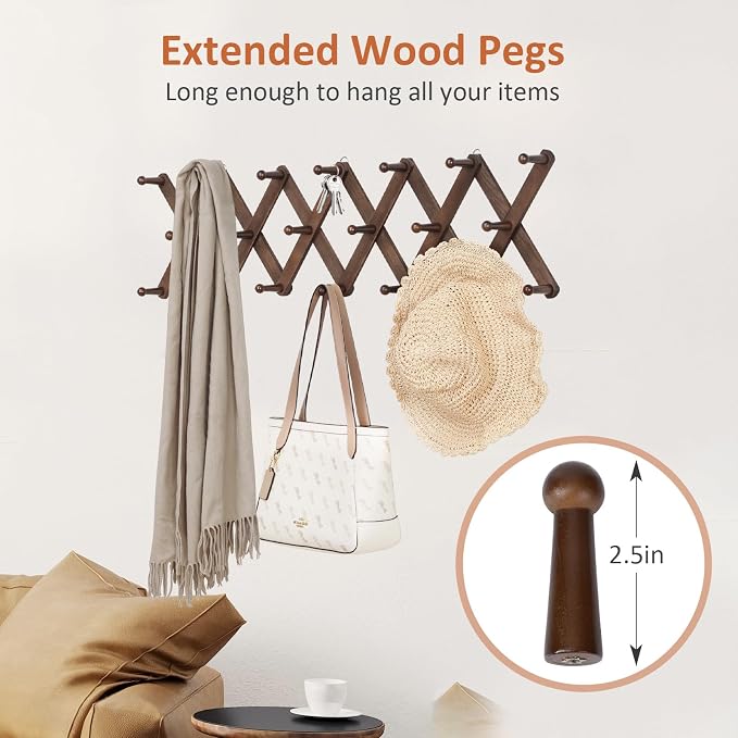 Accordion Wall Hanger, Hat Rack for Wall with 20 Coat Hooks, Expandable Hat Hangers Organizer, Vintage Decorative Coat Rack Wall Mount for Purse, Mug (Brown)