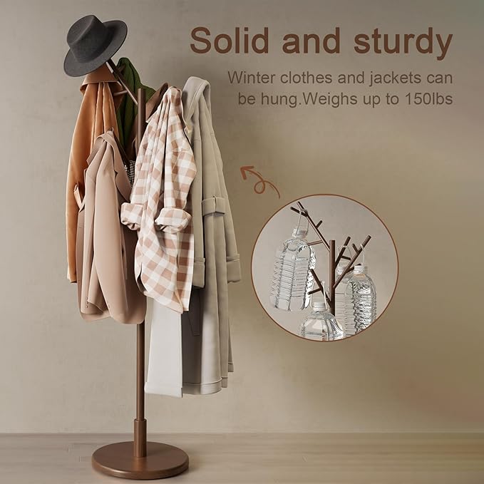 Coat Rack, Solid Wood Coat Rack Freestanding With 12 Hooks, Coat Tree Freestanding Heavy Duty 3 Adjustable Heights For Coat, Hats, Handbags, Coat Hanger Stand For Entryway, Bedroom, Walnut