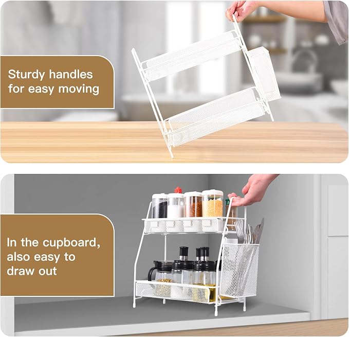 Countertop organizer for bathroom counter, bathroom organizers and storage, spice rack organizer for kitchen counter shelf with small basket(White)
