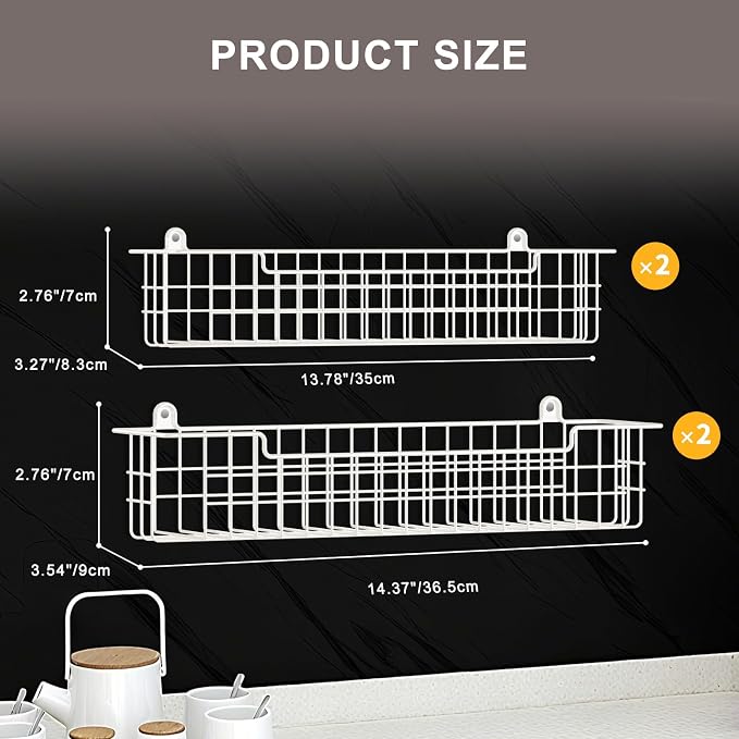 Spice Rack, 4-Pack Seasoning Organizer Wall Mount for Kitchen Storage Organization, Spice Holder Metal Shelf Saving Space for Cabinet, RV, Pantry, White