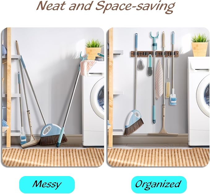 OUTNILI Mop and Broom Holder Wall Mount - Wood Broom Mop Hanger - Wall Mounted Garden Tool Rack Organizer for Closet Garage Laundry Room for Rustic Kitchen Decor With 5 Slots & 4 Hooks