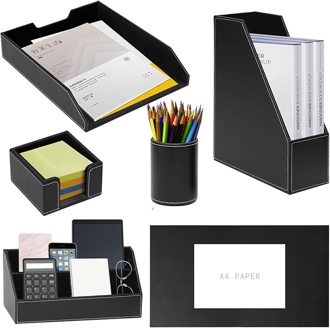 Office Supplies PU Leather 6-Piece Set Desk Organizer,Include Writing Pad,Letter Tray,file folder Sorter/Magazine Holder,Pen Cup,Note Holder,Business Card Holder,Man/Woman Office Gift,Black