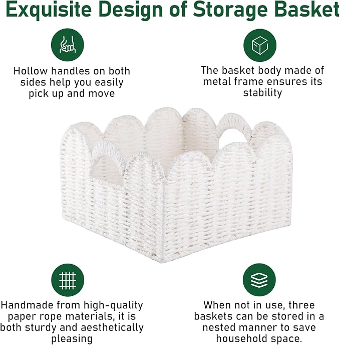 OIAHOMY Scalloped Wicker Baskets, Hand-woven Storage Baskets with Built-in Handles, Paper Rope Shelf Baskets for Organizing and Decoration, Set of 3-White