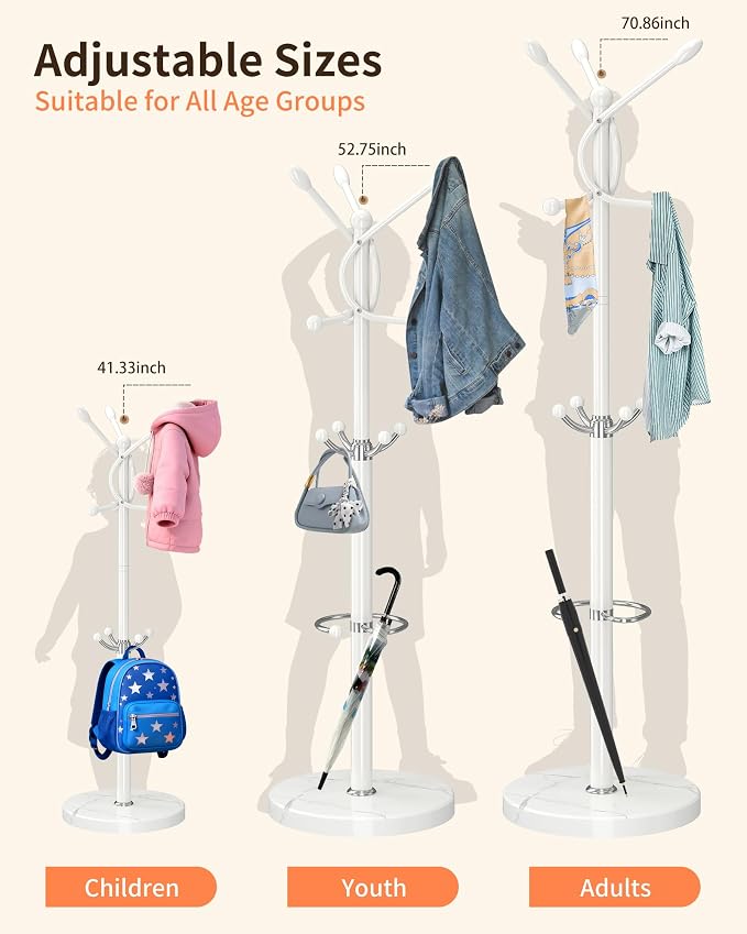 ZOZOE Metal Coat Rack Stand, Modern Coat Rack Freestanding with Natural Marble Base, Sturdy Coat Racks with 10 Hooks & Umbrella Holder,White Coat Tree Hanger Stand for Bags,Hats,Entryway,Office