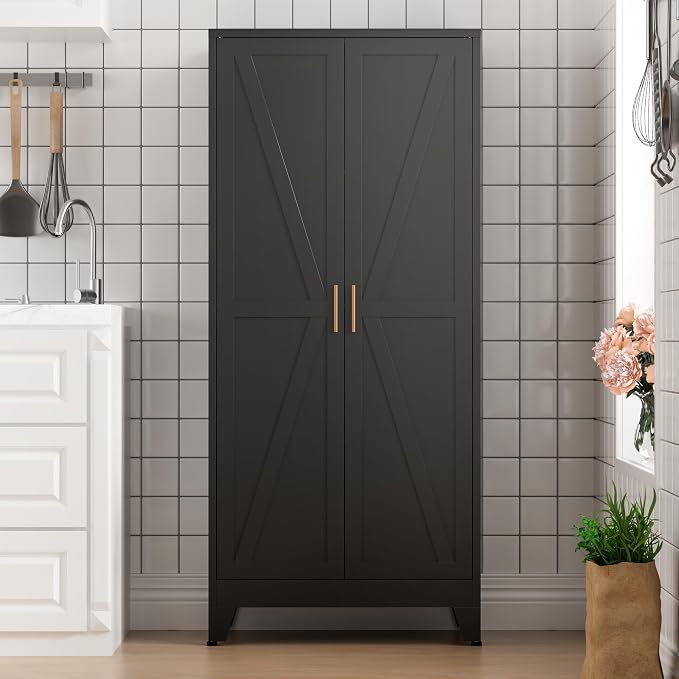 COFaR Black Farmhouse Storage Kitchen Pantry Cabinet with 2 Barn Door, 4 Adjustable Shelves and Legs, for Cupboard/Dining Room/Bathroom/Living Room/Office/Laundry Room (Black, 71" Farmhouse)