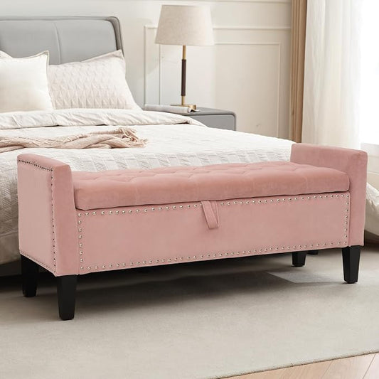 Velvet Ottoman with Storage, 46'' Upholstered Button Tufted End of Bed Bench with Arms, Modern Storage Bench for Living Room, Bedroom, Entryway, Pink