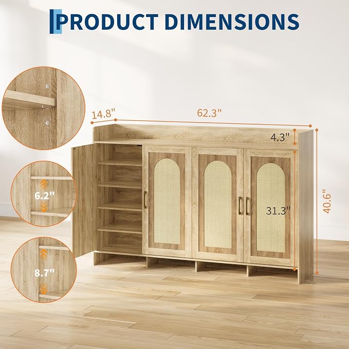 Garvee Shoe Cabinet Storage for Entryway, Rattan Shoe Rack with 4 Doors | Farmhouse Boho Wood Shoe Organizer Cabinet for Entrance Hallway Living Room Foyer