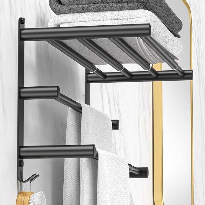 CAXIMSY Black Adjustable Towel Bar for Bathroom Wall Mount17-30.7inch Adhesive Shower Towel Rack Stainless Steel Bath Towel Holders for Toilet Kitchen Double Towel Hanger (Black 3-Layer Towel Rack)