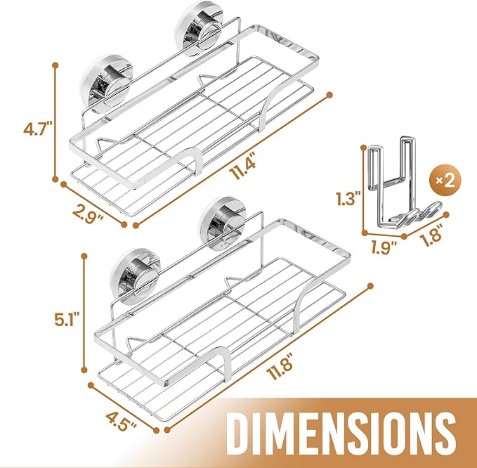 LEVERLOC Shower Caddy Suction Cup 2 Pack, Shower Shelf for Inside, Silver | Heavy Duty Bathroom Organizers, No Drill Shower Storage, Rustproof Metal Shower Basket, Shampoo Holder, Wall Shower Caddies