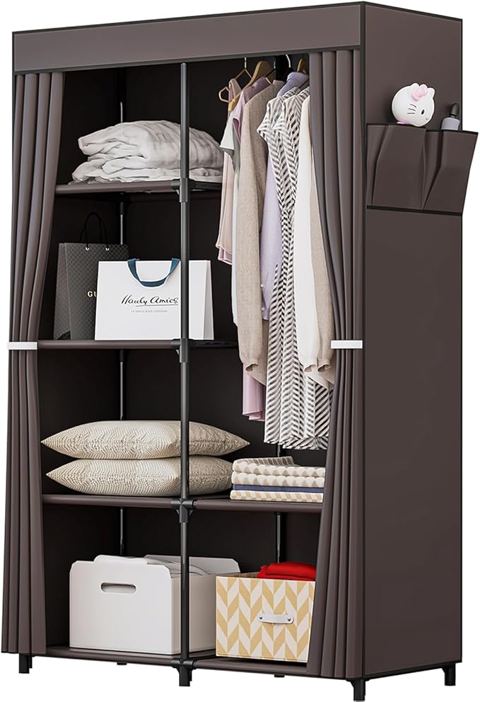 SORCEDAS Portable Closet Wardrobe Organizer Storage with Cover Non-Woben Fabric Portable Wardrobe Closet for Hanging Clothes Racks Shelving 33 Inch for Bedroom, Blue (Coffee, 33Inch)
