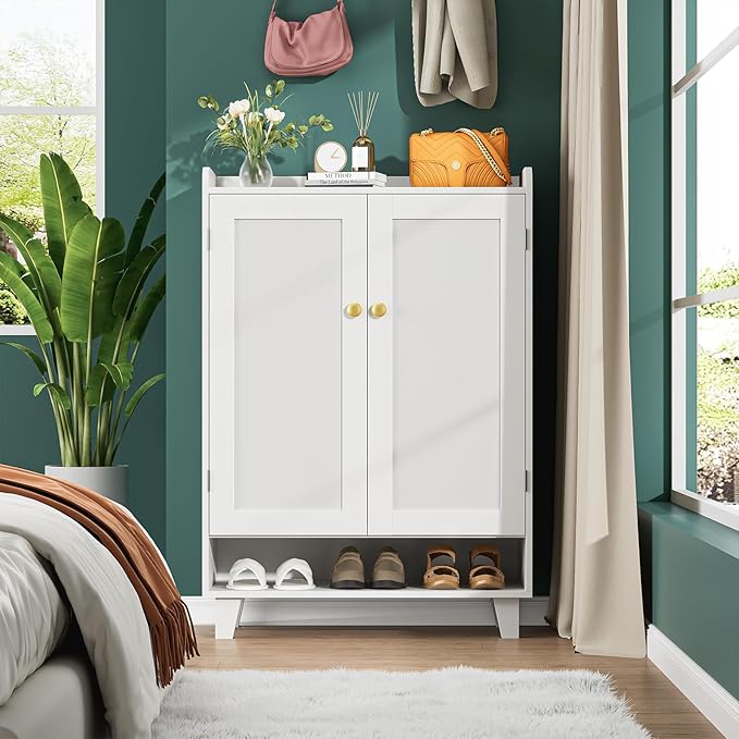 Flat-Shelf Shoe Cabinet with Doors，6-Tier Shoes Storage Cabinet with Adjustable Shelves，Wooden Shoe Rack Shoes Storage Organizer Cabinets for Entryway, Hallway, Living Room