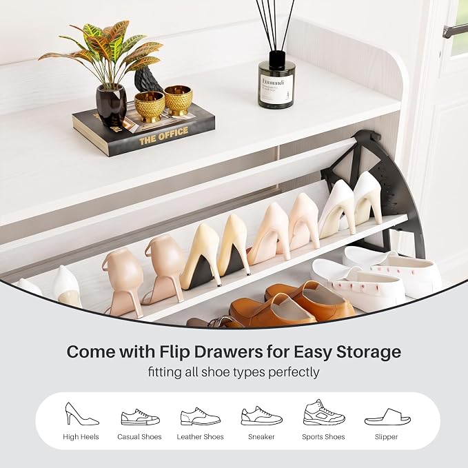 YZ HOME Shoe Storage Cabinet with 2 Flip Drawers | Entryway Shoe Cabinet, Metal Hooks & Adjustable Shelves, Freestanding Narrow Shoe Rack for Hallway Foyer, White