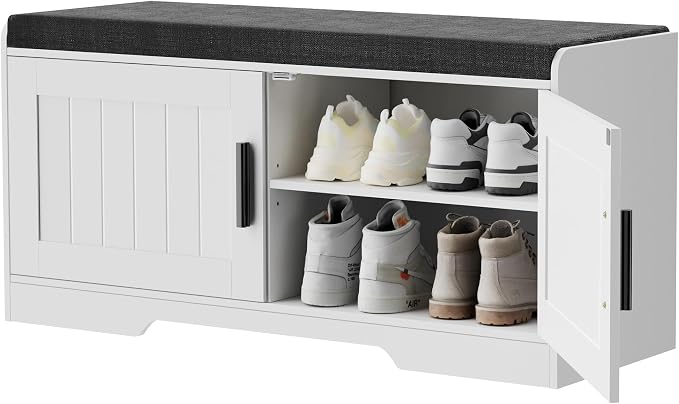 Homleke Shoe Storage Bench, 2 Doors & Thickened Padded Seat Cushion | 2-Tier Shoe Bench, Entryway Bench, Adjustable Shelf, 13.8" D x 37.4" W x 18.5" H, for Living Room, Bedroom, White
