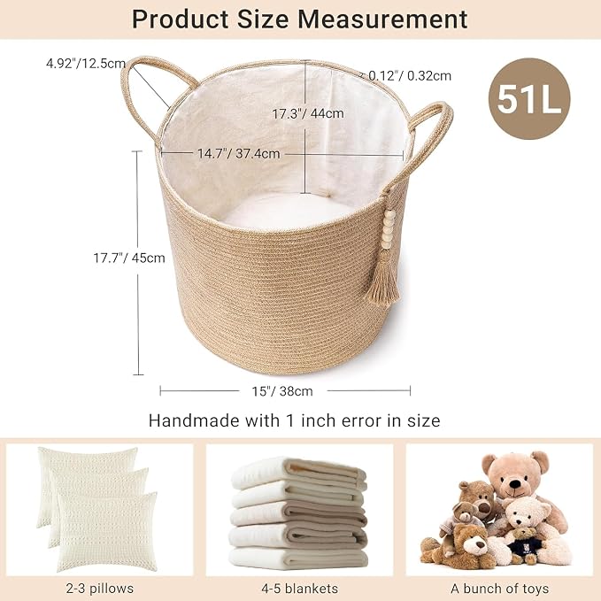 Mkono Tall Wicker Laundry Basket Woven Storage Basket Decorative Natural Rope Basket Wooden Bead Decoration for Blankets,Toys,Clothes,Shoes,Plant Organizer Bin with Handles Living Room 15"Wx17.7"L | Brown, Jute, Decorative Basket with Handle, Wood Bead...