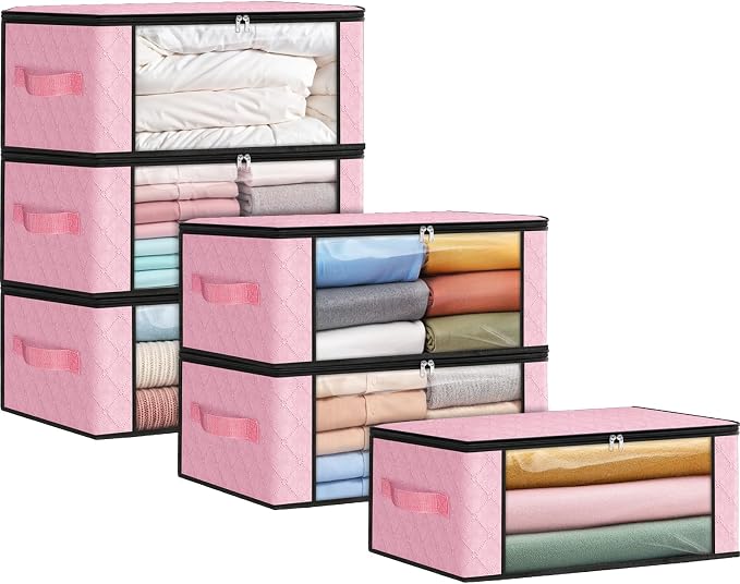 Fab totes 35L Closet Organizers and Storage, Foldable Under Bed Storage Containers, Storage bags for Organizing Bedroom, Closet, Clothing,Organization with Handle (6 Pack,Pink)