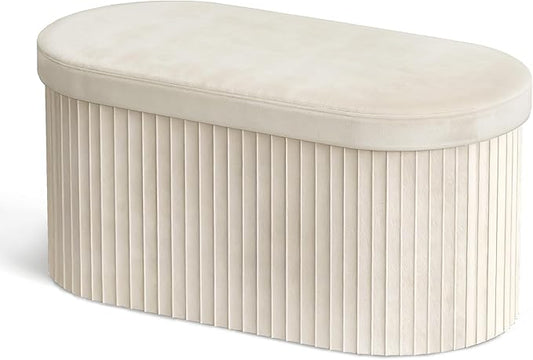 GLAXYFUR Folding Ottoman with Storage, Oval Velvet Storage Bench, Beige | Upholstered Foot Rest, 30 x 15 x 15 Inches Storage Chest for Bedroom, Living Room & Entryway