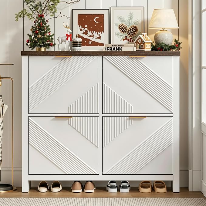 Shoe Cabinet with 4 Flip Drawers & Symmetric Groove Pattern for Entryway | 44.5''W x 9.2''D x 39.4'' White Fit for 16-24 Pairs of Shoes Slim Narrow Hidden Shoe Storage Cabinet for Hallway Living Room