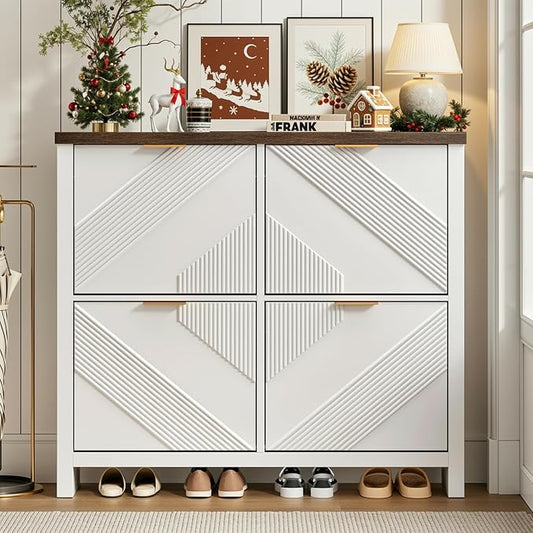 Shoe Cabinet with 4 Flip Drawers & Symmetric Groove Pattern for Entryway | 44.5''W x 9.2''D x 39.4'' White Fit for 16-24 Pairs of Shoes Slim Narrow Hidden Shoe Storage Cabinet for Hallway Living Room