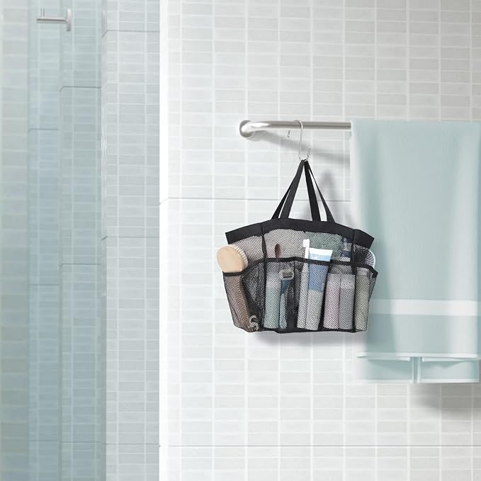 Mesh Shower Caddy Portable with Dividers - 2-Handle Shower Bag for Dorm | 8 Deep Pockets, S-Hook, Quick-Dry Mesh, College Dorm Room Essentials for Girls, Camping, Gym, Travel & Bathroom, Black