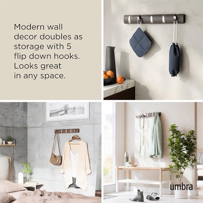 Umbra Flip Coat Rack, Wall Mounted 5-Hook Space Saving, Driftwood/Nickel | Real wood and steel build, retractable hooks fold flat, holds coats bags and scarves, easy install