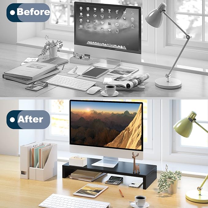 TEAMIX 20 Inch Monitor Stand Riser for Desk, Wood Computer Stand, Black | Fits Laptop, Printer, TV, PC Tower, Full Keyboard Storage Underneath, Ergonomic, Desk Organizer for Home Office, Gaming Setup