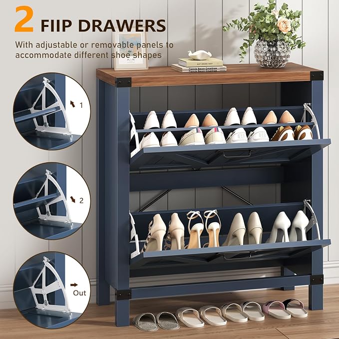 Fluted Shoe Cabinet Storage with 2 Flip Drawers for Entryway, Hallway | Narrow Shoe Rack Freestanding Shoe Organizer with Legs for Entryway，Hallway, Blue