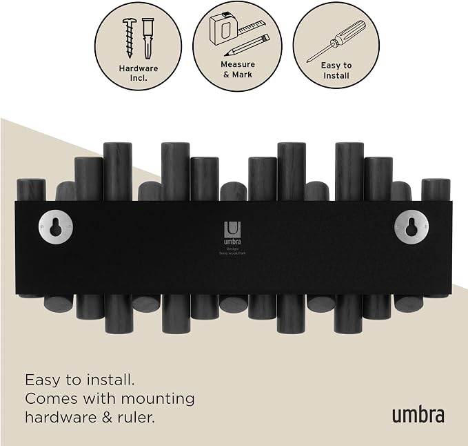 Umbra Picket Wall-Mounted Coat Rack Rail Hook with 5 Retractable Wood Pegs – Modern, Space-Saving Storage Organizer, Black