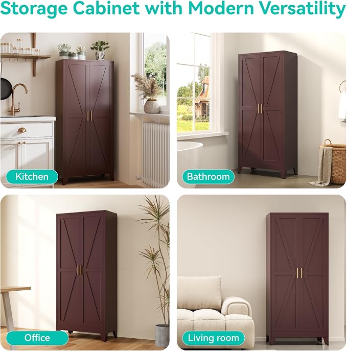 Metal Storage Cabinet with Doors and Adjustable Shelves | 61" Tall Pantry Cabinet for Kitchen Dining Room Bathroom Garage,Reddish Brown,1 Pce