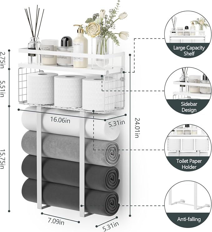 Towel Racks for Bathroom, Bathroom Shelf Over Toilet,Floating Shelves with Towel Rack Paper Holder Storage Basket,Floating Shelves for Wall Decor,White