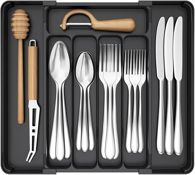 Lifewit Silverware Organizer for Drawer, Expandable Utensil Tray, BPA-Free Adjustable Cutlery Holder for Kitchen Storage, 8.1-13.9 x 11.3, Black