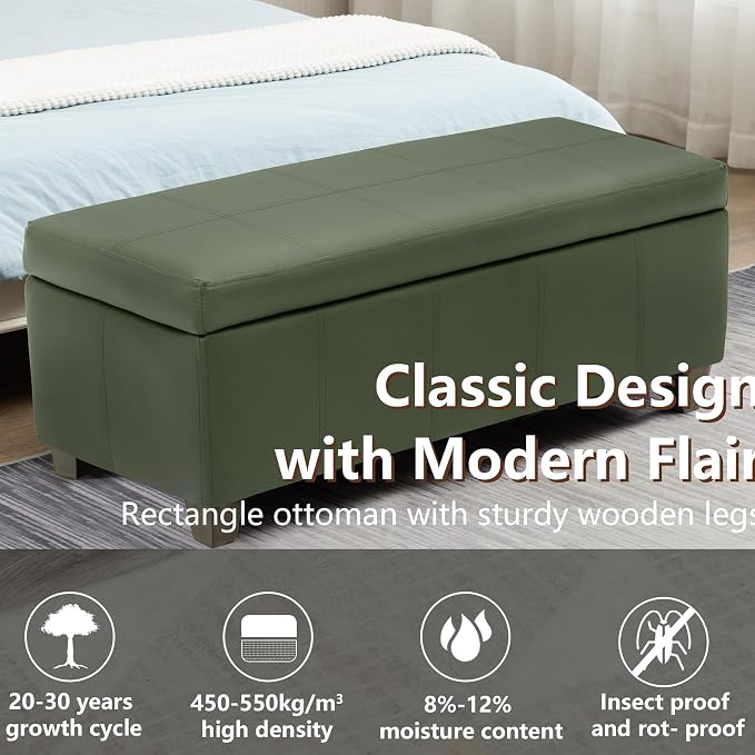 51 Inch Storage Ottoman, Storage Bench with Safety Hinge, Upholstered Synthetic Leather Ottoman Bench for Bedroom, Living Room, Entryway, Hallway, Foot Rest, Support 500lbs