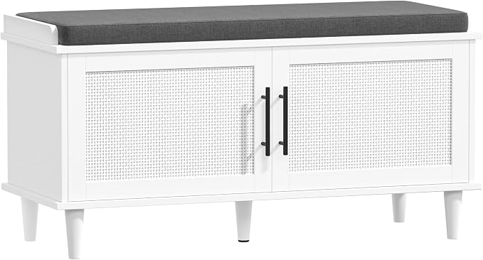 Akxomel 39.4" Rattan Shoe Storage Bench 2 Doors Wooden Entryway Bench White | 2 Tier Shoe Bench with Padded Cushion, Adjustable Shelves and 2 Doors, Solid Wood Legs, for Hallway, Living Room, Bedroom