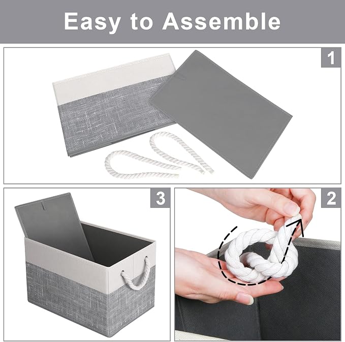Fab totes Storage Bins 3-Pack, Foldable Storage Baskets for Organizing Toys, Books, Shelves, Closet, Large Storage Box with Rope Handles, Sturdy Organizer Bins, White & Grey