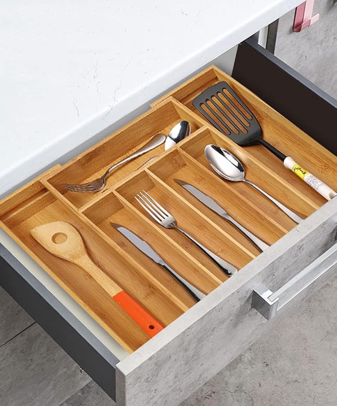 Utoplike Bamboo Cutlery Silverware Tray, Drawer Organizer Kitchen Utensils | Small Drawer Dividers for Flatware Tray Drawer Insert for knives, Gadgets and Garage Tools, Office Supplies, 5-7 Slots