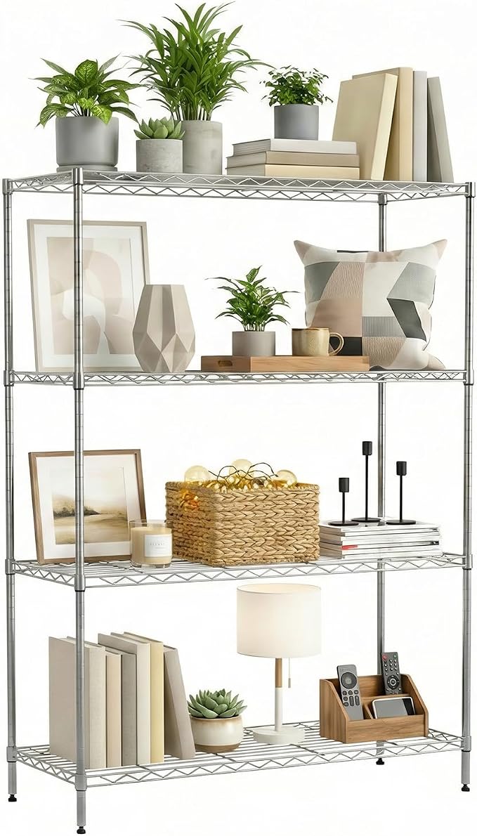 BestOffice 4-Tier Wire Shelving Unit, 1000 LBS Heavy Duty Metal Storage Shelves, Adjustable Wire Shelf for Garage, Kitchen, Pantry, Utility Shelving Rack with Leveling Feet, Chrome