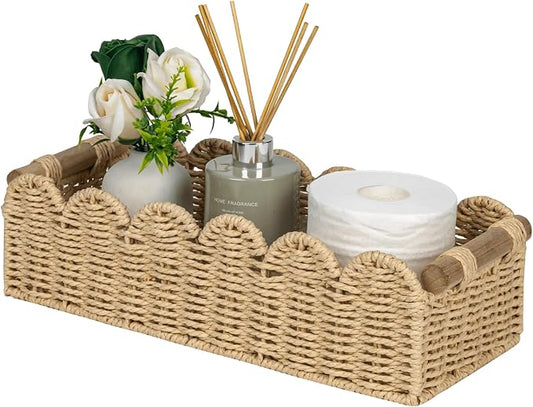 CubesLand Scalloped Toilet Paper Storage Basket W/Handle for Home Decor | Paper Rope Toilet Organizer Basket for Countertop, Over Toilet Shelf, End Table, Living Room Cozy Decorative & More, Beige