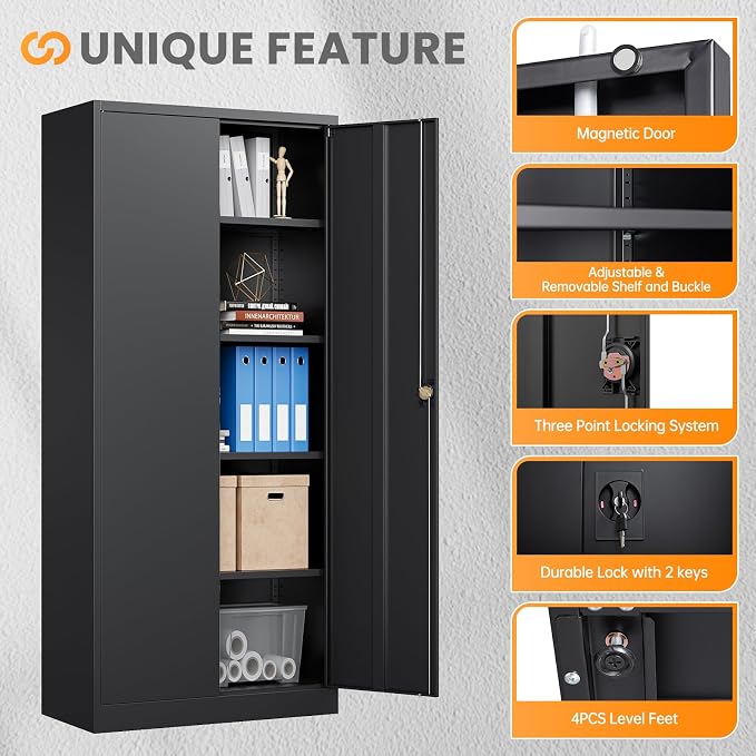 Metal Storage Cabinet with Lock,71" Black Garage Cabinet with 2 Doors and 4 Adjustable Shelves, Steel Locking Cabinets Tall Tool Storage Cabinet, Lockable File Cabinet for Home Office, Pantry