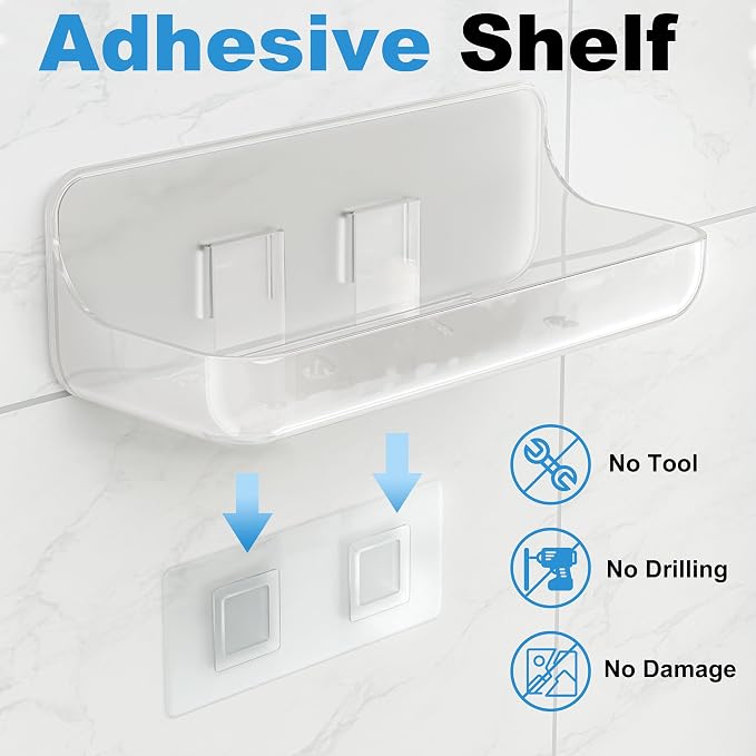 Adhesive Bathroom Shelves, 6 Pack Acryilc No Drill Stick on Shelf
