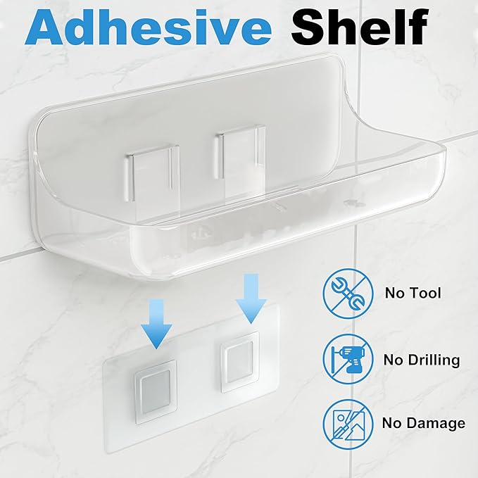 Adhesive Bathroom Shelves, 2 Pack Acryilc No Drill Stick on Shelf