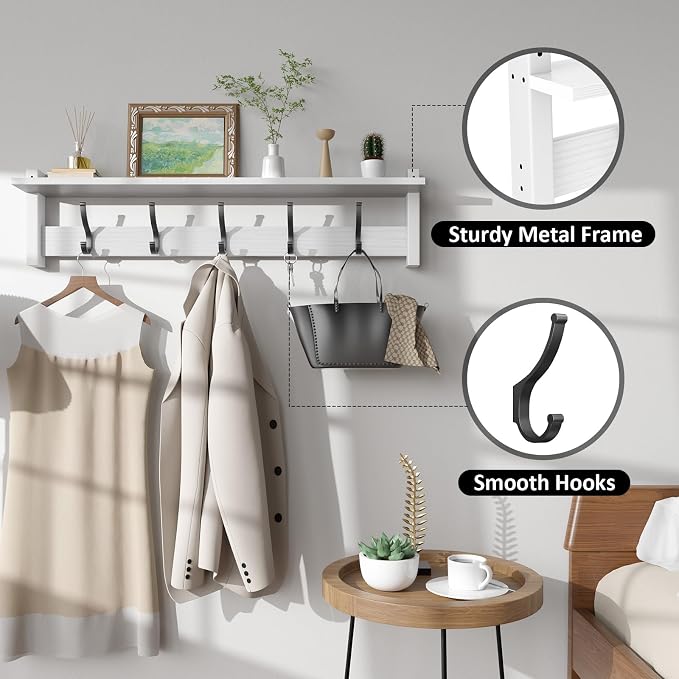 Optish Coat Rack Wall Mount with Shelf, 29 Inch Coat Hanger Walls Mounted, Hat Rack for Walls, Shelf with 5 Coat Hooks, Wall Hanger for Entryway (White)