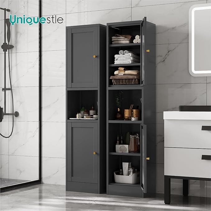 67" Tall Narrow Storage Cabinet with Doors and Open Shelf,Metal Pantry Cabinet,Shaker Style Slim Cabinet with Adjustable Shelves,for Bathroom Kitchen Laundry Small Spaces, Black, 1Pc