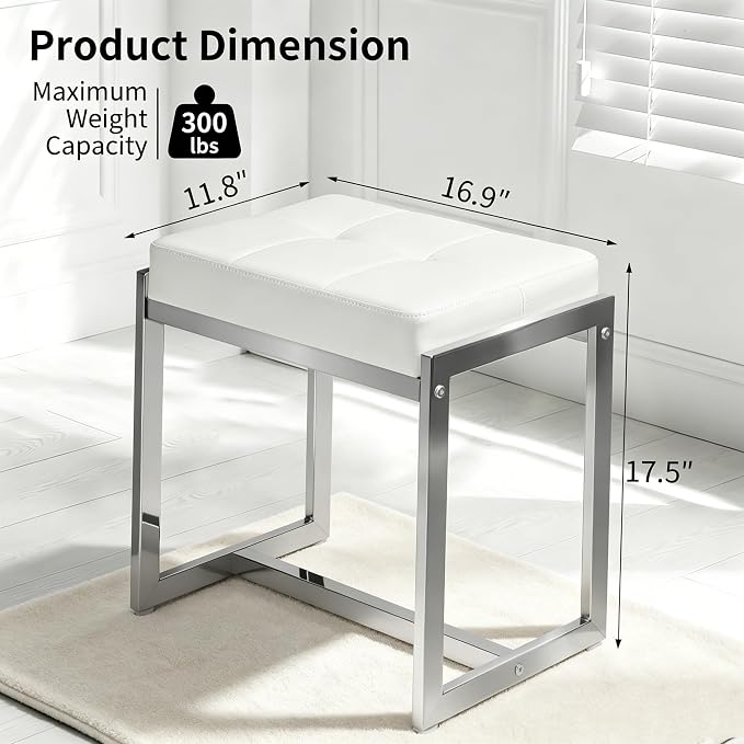 Vanity Stool Chair, Modern PU Leather Ottoman Foot Rest for Vanity Bench with Silver Metal Legs, Multifunctional Chairs for Makeup, Bedroom, Living Room, Small Makeup Stools White&Silver