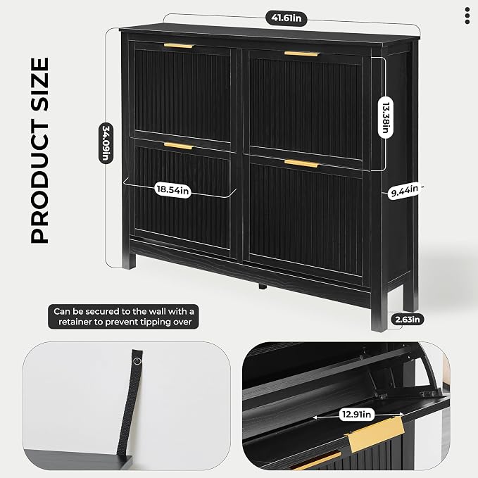 4-Flip Drawer Shoe Cabinet Narrow Entryway Rack, Black | Vertical Wood Grain, Metal Handles, Adjustable Compartments, Removable Shelf, Anti-Tip Device, for Hallway Foyer Entryway