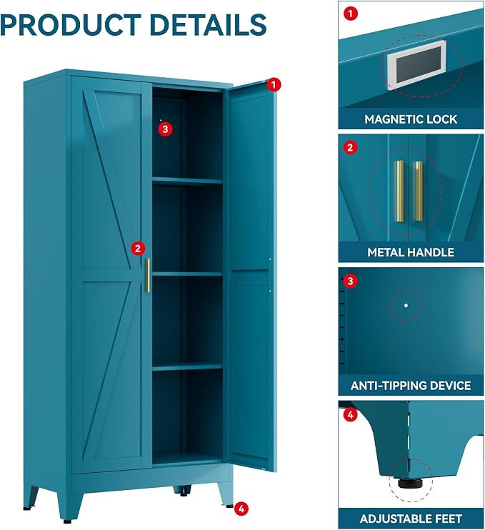 Farmhouse Pantry Cabinet with Barn Doors,61" H x 27.5" W,Metal Cabinet with Adjustable Shelves,4-Tier Storage Cabinet for Kitchen Dining Room Garage,Blue 1 Pack