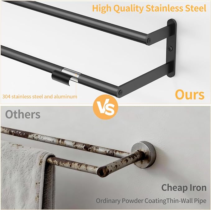 KLJKPA Double Towel Bar, Towel Holder for Bathroom, Black | Towel Rack for Bathroom Wall Mounted, Stainless Steel Double Bath Towel Bar