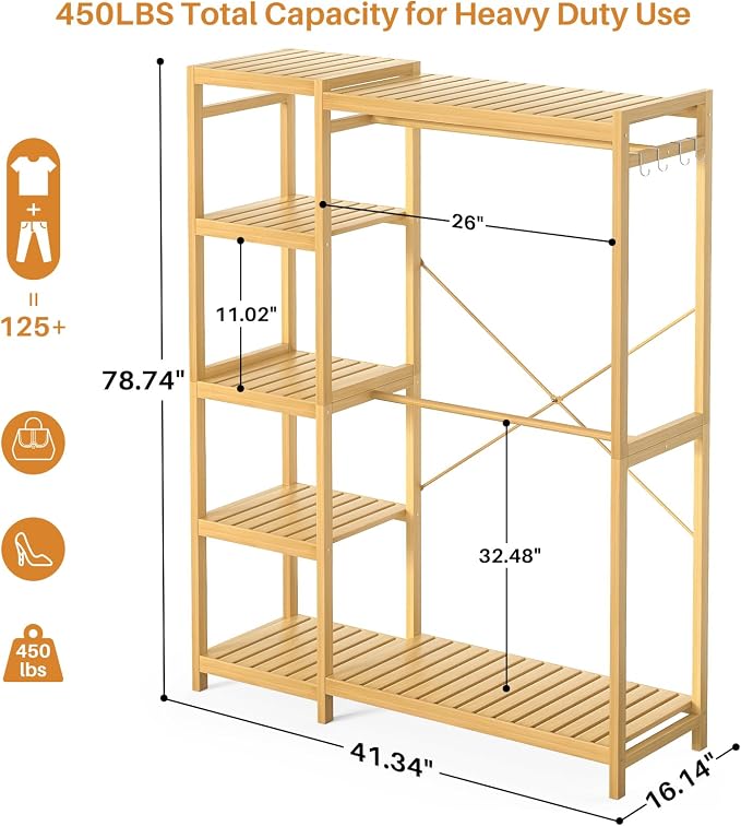 Bamboo Clothes Rack Garment Rack for Hanging Clothes, Heavy Duty Clothing Rack with 7 Tiers Adjustable Shelves, Double Rods, 4 Hooks, Freestanding Closet System Organizer Wardrobe, Natural