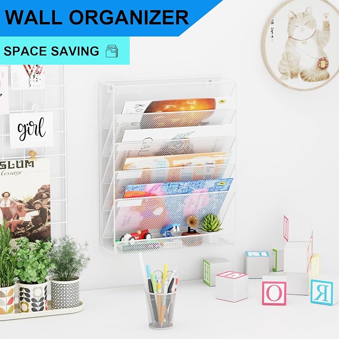 Wall File Organizer Holder Mesh Hanging Paper Document Holder,Vertical 6 Pocket Tier for Office Home, White