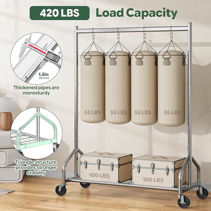 Simple Trending Heavy Duty Clothes Rack, Portable Closet, 420 LBS, Silver | Clothing Rack With Mesh Shelf, Industrial Garment Rack, Wardrobe Closet, 360°Lockable Wheels, for Bedroom, Laundry Room