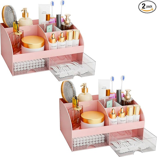 Makeup Organizer with Drawers, Cosmetic Storage for Dresser Vanity and Bathroom Countertop, Beauty Holder for Lipstick Brush, Skincare Organizer for Vanity, Cosmetic Display Case (Pink-2Pack)