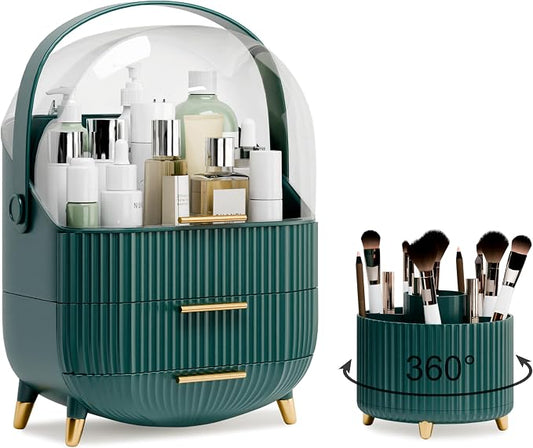 lurcns Makeup Organizers and Storage Make up Organizer for Vanity Cosmetics Skincare With Lid and Drawers Display Cases for Countertop Bathroom Women Teenager Girl Gifts(Dark Green+Brush Holder)